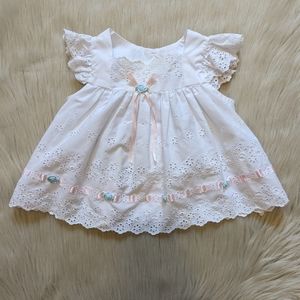 Vintage white eyelet with pink ribbon and blue flowers size 3-6